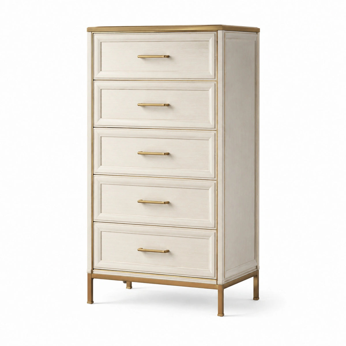 Schubladenschrank mit 5 Schubladen aus Holz und Edelstahl, Beige/Gold