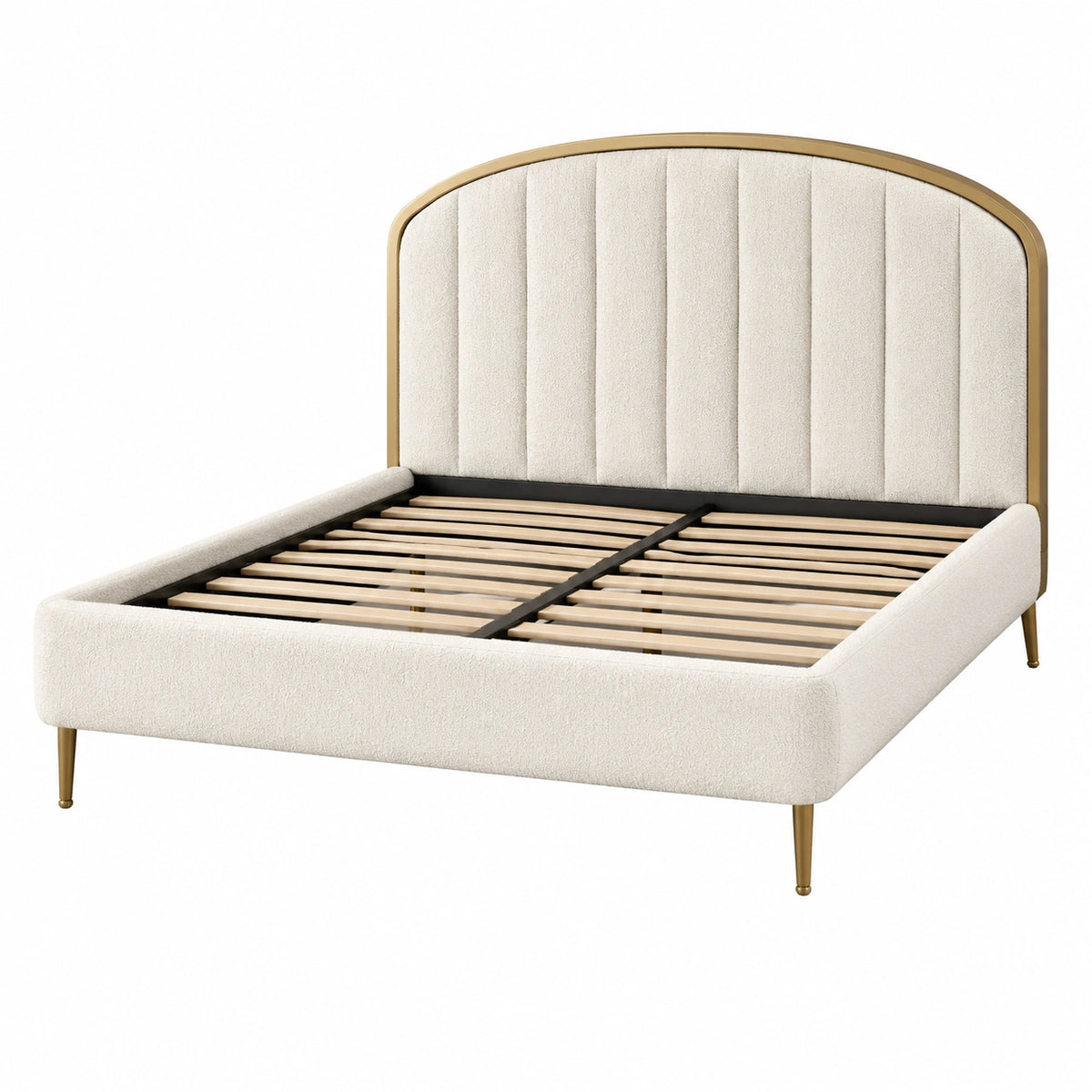 Stoffbezug Doppelbett mit gewölbtem Kopfteil Metallrahmen 200x160 cm Beige/Gold
