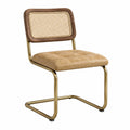 Essstuhl mit Messingrahmen und Holzlehne, Sitzfläche aus Kunstleder, Beige