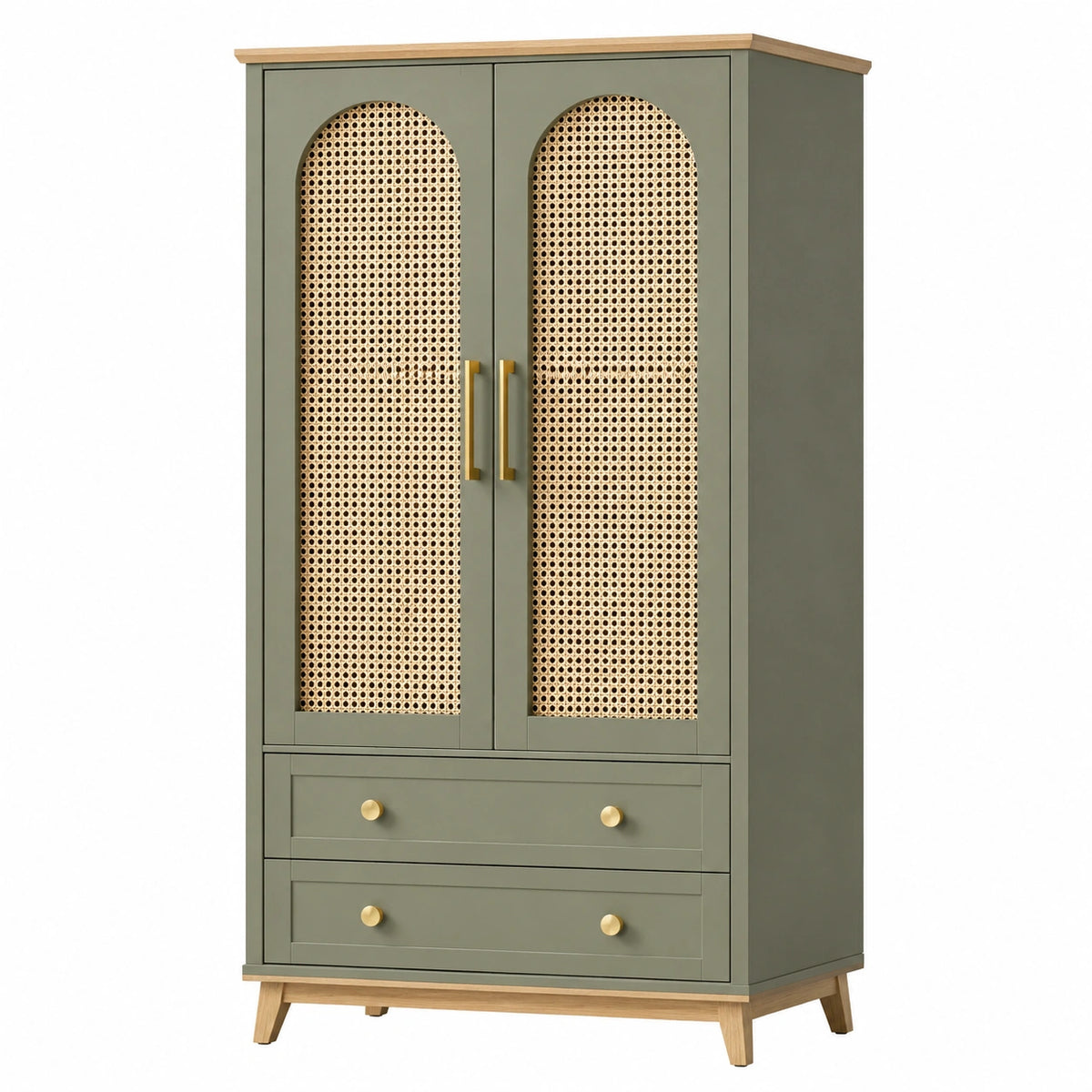 Kleiderschrank mit Holz und Rattan-Türen 120x60x200 cm Olivgrün
