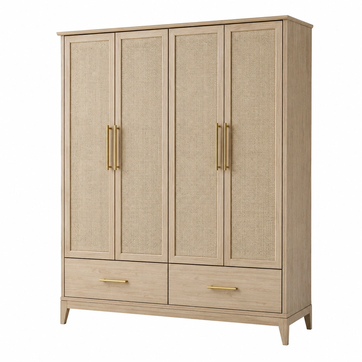 Kleiderschrank aus Holz mit Rattantüren und Schubladen, 200 cm hoch, Natur
